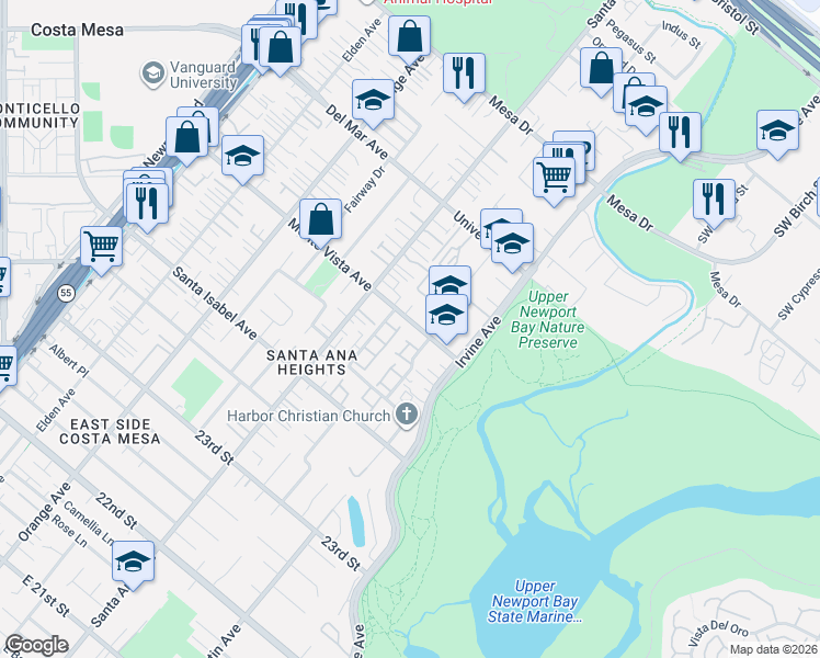 map of restaurants, bars, coffee shops, grocery stores, and more near 365 Monte Vista Avenue in Costa Mesa