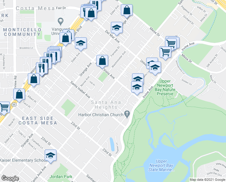map of restaurants, bars, coffee shops, grocery stores, and more near 308 Paige Lane in Costa Mesa