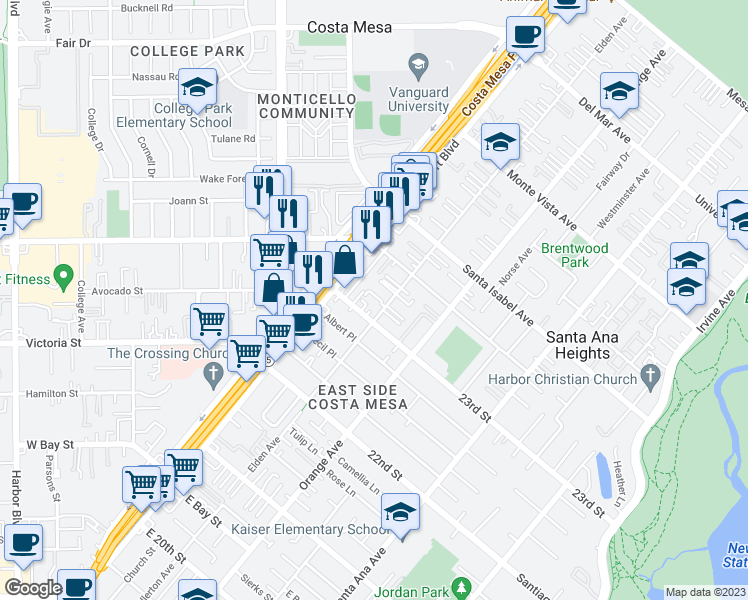 map of restaurants, bars, coffee shops, grocery stores, and more near 2323 Elden Avenue in Costa Mesa