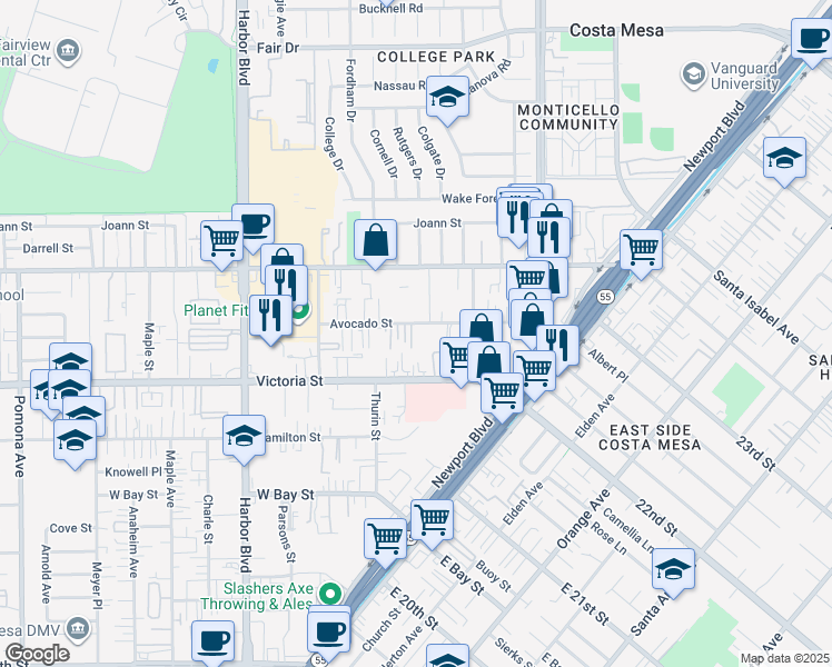 map of restaurants, bars, coffee shops, grocery stores, and more near 301 Avocado Street in Costa Mesa