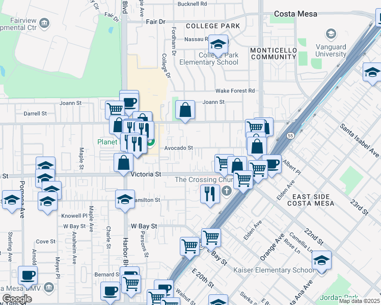 map of restaurants, bars, coffee shops, grocery stores, and more near 333 Avocado Street in Costa Mesa