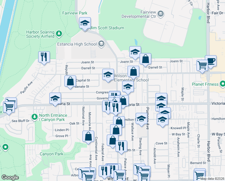 map of restaurants, bars, coffee shops, grocery stores, and more near 814 Congress Street in Costa Mesa