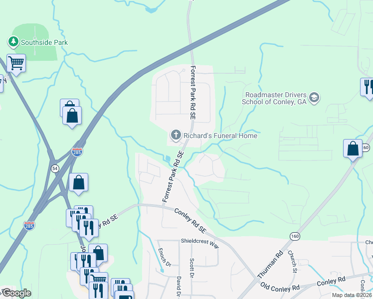 map of restaurants, bars, coffee shops, grocery stores, and more near 3670 Forrest Park Road Southeast in Atlanta