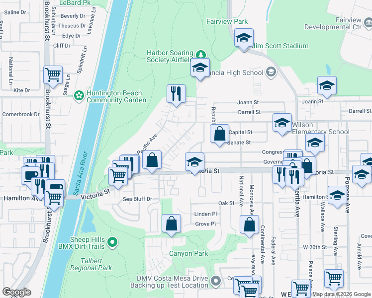 map of restaurants, bars, coffee shops, grocery stores, and more near 2195 American Avenue in Costa Mesa