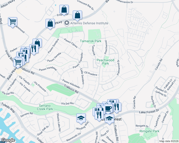 map of restaurants, bars, coffee shops, grocery stores, and more near 25214 Tanoak Lane in Lake Forest