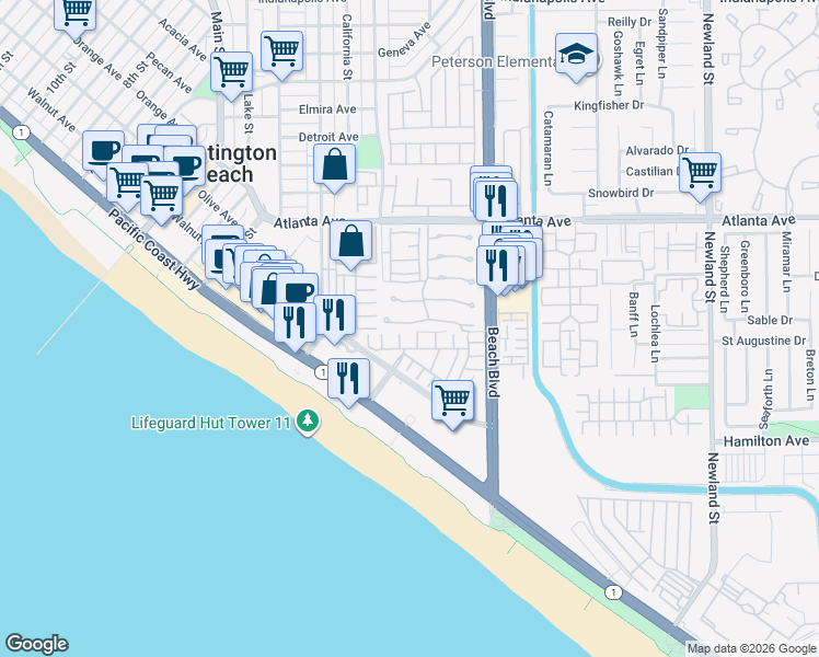 map of restaurants, bars, coffee shops, grocery stores, and more near 7806 Seabreeze Drive in Huntington Beach