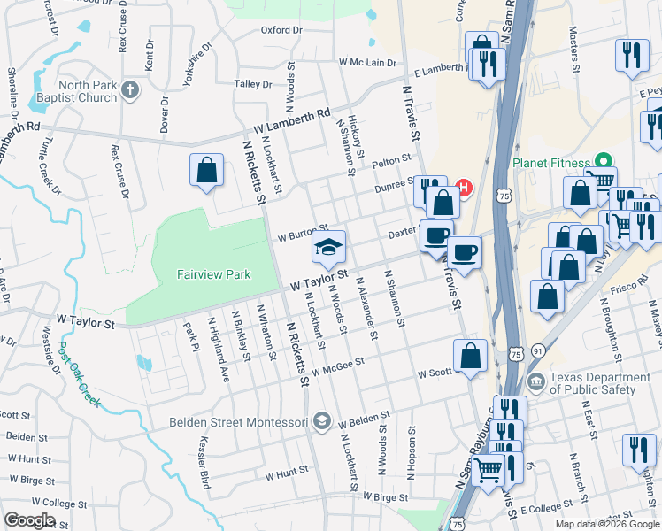 map of restaurants, bars, coffee shops, grocery stores, and more near 1909 North Woods Street in Sherman