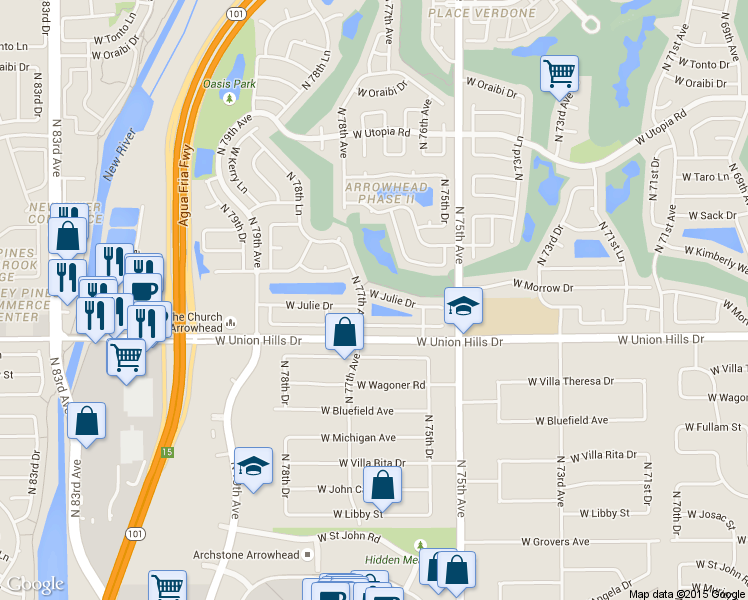 map of restaurants, bars, coffee shops, grocery stores, and more near 7639 W Julie Dr in Glendale
