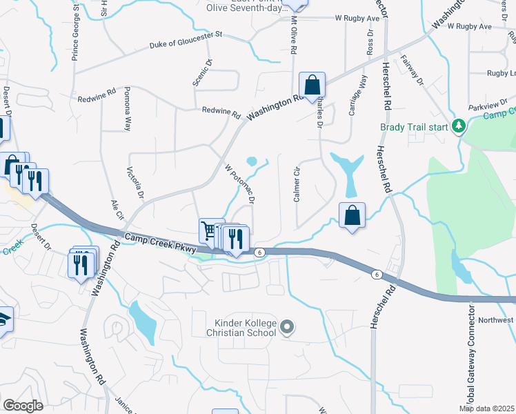 map of restaurants, bars, coffee shops, grocery stores, and more near 3700 West Potomac Drive in East Point
