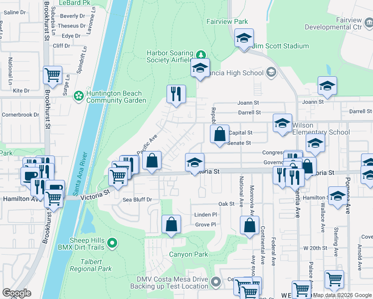 map of restaurants, bars, coffee shops, grocery stores, and more near 2195 American Avenue in Costa Mesa