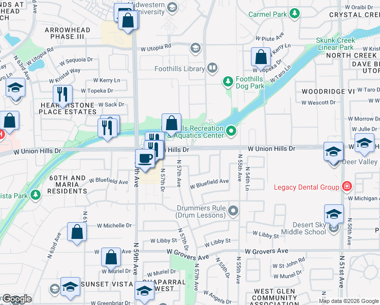 map of restaurants, bars, coffee shops, grocery stores, and more near 5654 West Villa Theresa Drive in Glendale