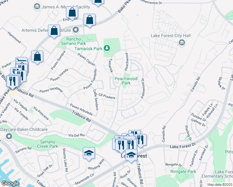 map of restaurants, bars, coffee shops, grocery stores, and more near 25297 Tanoak Lane in Lake Forest