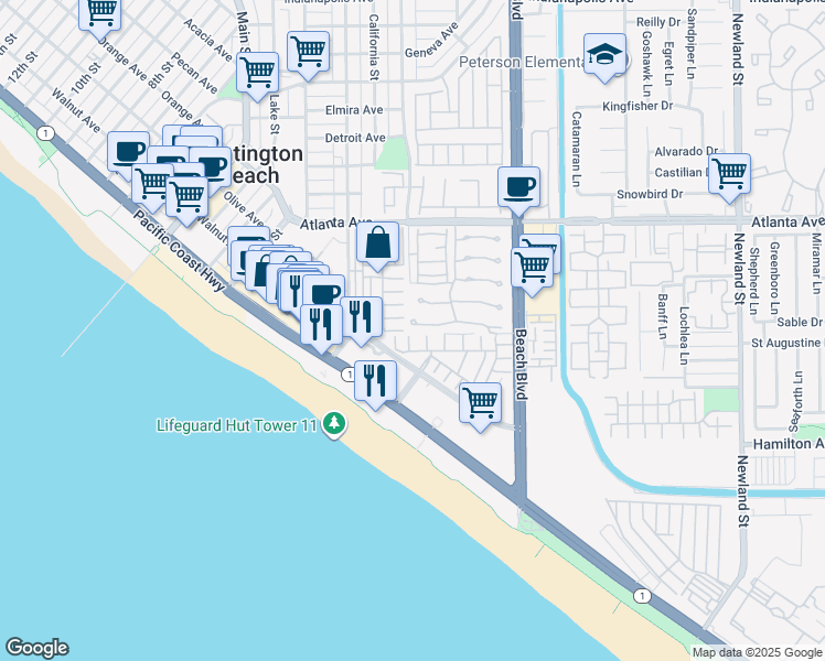 map of restaurants, bars, coffee shops, grocery stores, and more near 7752 Seabreeze Drive in Huntington Beach