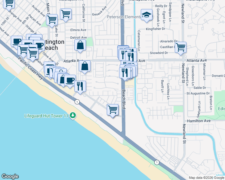 map of restaurants, bars, coffee shops, grocery stores, and more near 7916 Seabreeze Drive in Huntington Beach