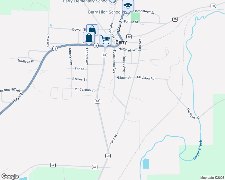map of restaurants, bars, coffee shops, grocery stores, and more near 344 Tuscaloosa Avenue in Berry