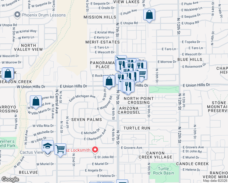 map of restaurants, bars, coffee shops, grocery stores, and more near 18440 North 7th Street in Phoenix