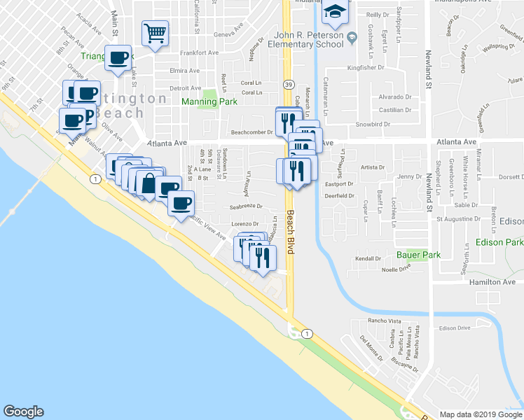 map of restaurants, bars, coffee shops, grocery stores, and more near 7906 Seabreeze Drive in Huntington Beach