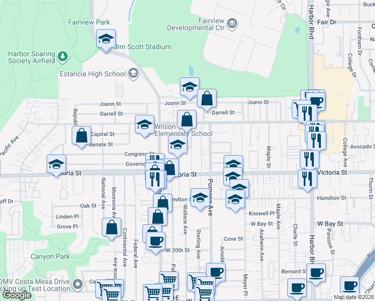 map of restaurants, bars, coffee shops, grocery stores, and more near 2199 Raleigh Avenue in Costa Mesa