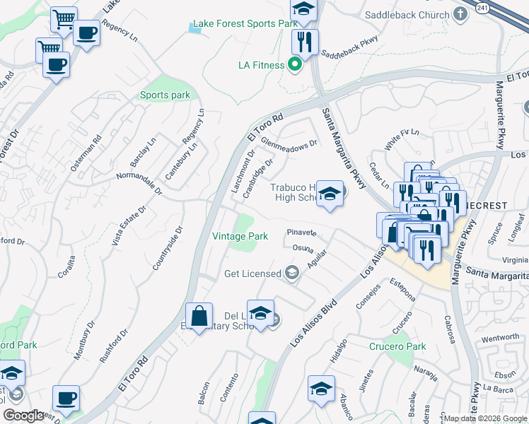 map of restaurants, bars, coffee shops, grocery stores, and more near 27191 Valleymont Road in Lake Forest