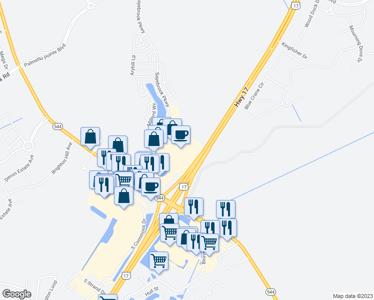 map of restaurants, bars, coffee shops, grocery stores, and more near 140 Sayebrook Parkway in Myrtle Beach