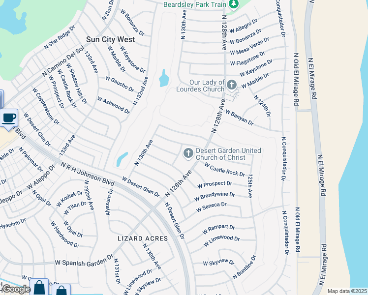 map of restaurants, bars, coffee shops, grocery stores, and more near 12831 West Shadow Hills Drive in Sun City West
