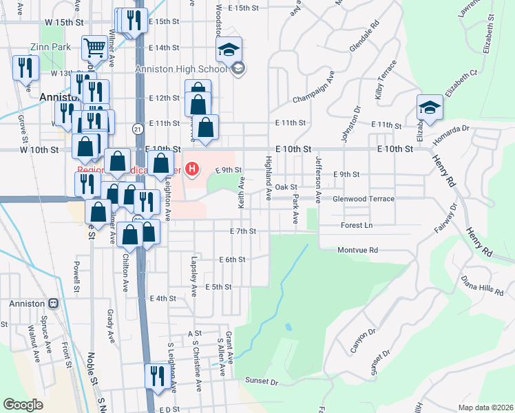 map of restaurants, bars, coffee shops, grocery stores, and more near 801 Keith Avenue in Anniston