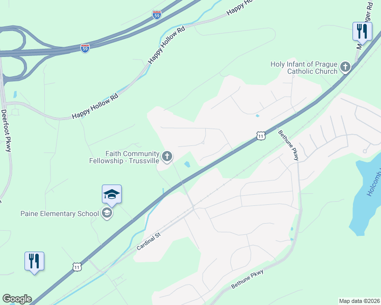 map of restaurants, bars, coffee shops, grocery stores, and more near 7308 Old Mill Trail in Trussville