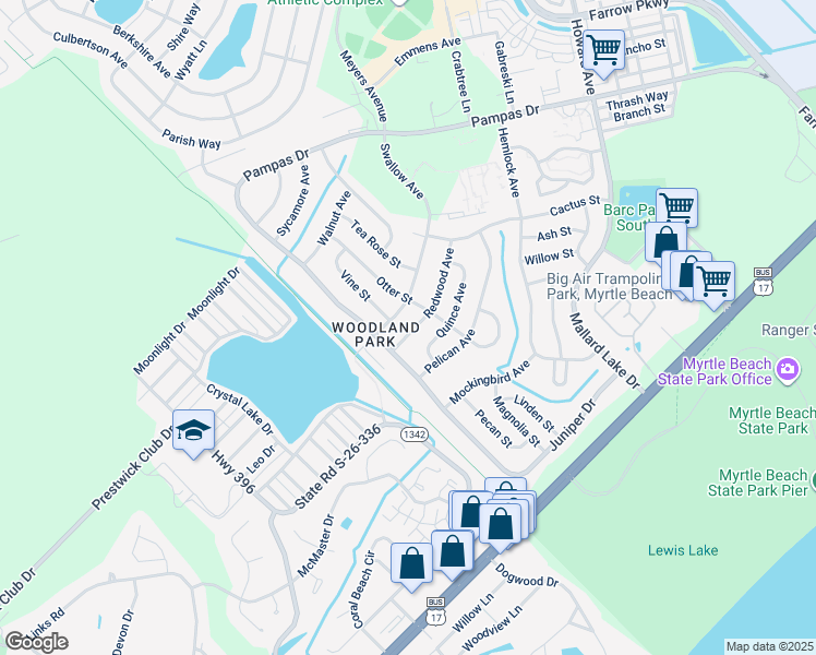 map of restaurants, bars, coffee shops, grocery stores, and more near 535 Redwood Avenue in Myrtle Beach