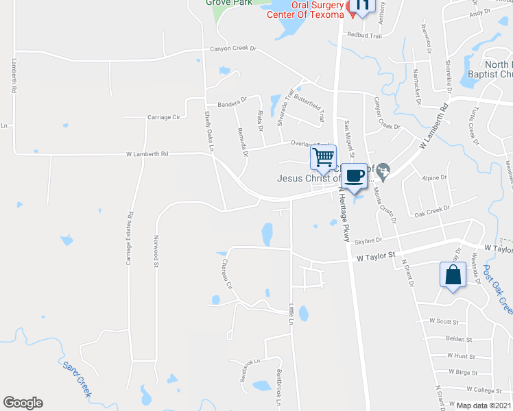 map of restaurants, bars, coffee shops, grocery stores, and more near 1702 Norwood Street in Sherman