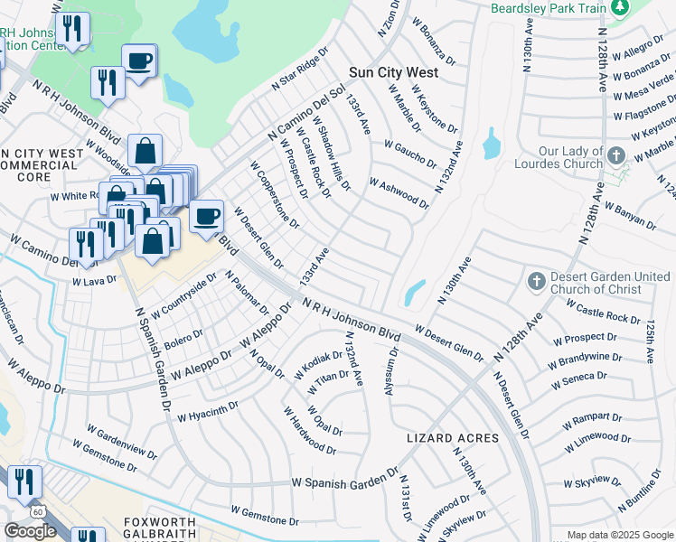 map of restaurants, bars, coffee shops, grocery stores, and more near 13234 West Maplewood Drive in Sun City West