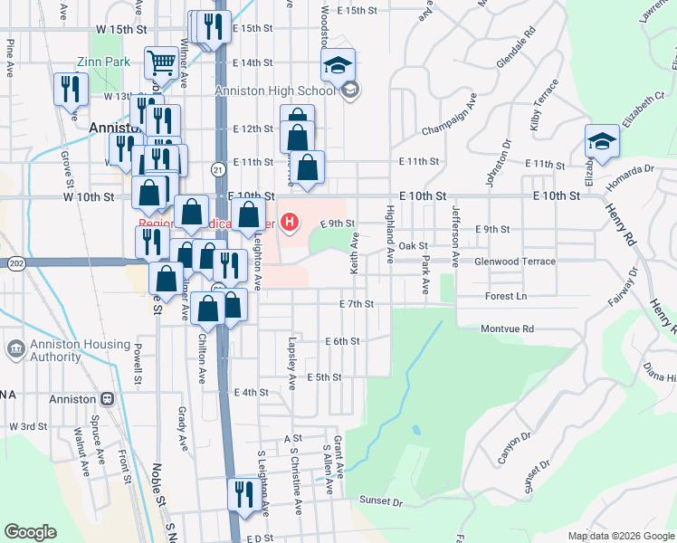 map of restaurants, bars, coffee shops, grocery stores, and more near 600 East 8th Street in Anniston