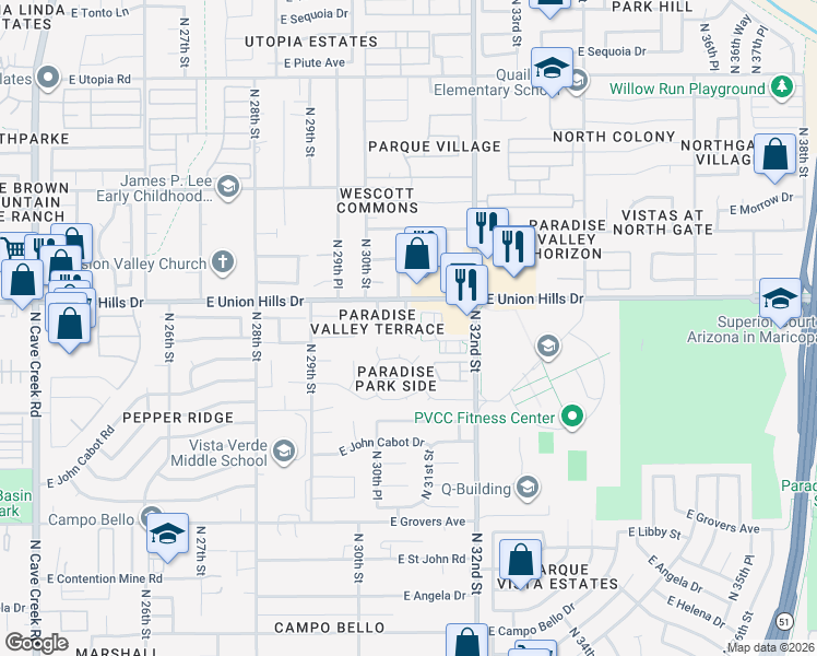 map of restaurants, bars, coffee shops, grocery stores, and more near 18350 North 32nd Street in Phoenix
