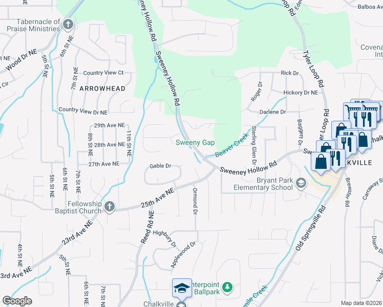 map of restaurants, bars, coffee shops, grocery stores, and more near 2520 Sweeney Hollow Road in Birmingham