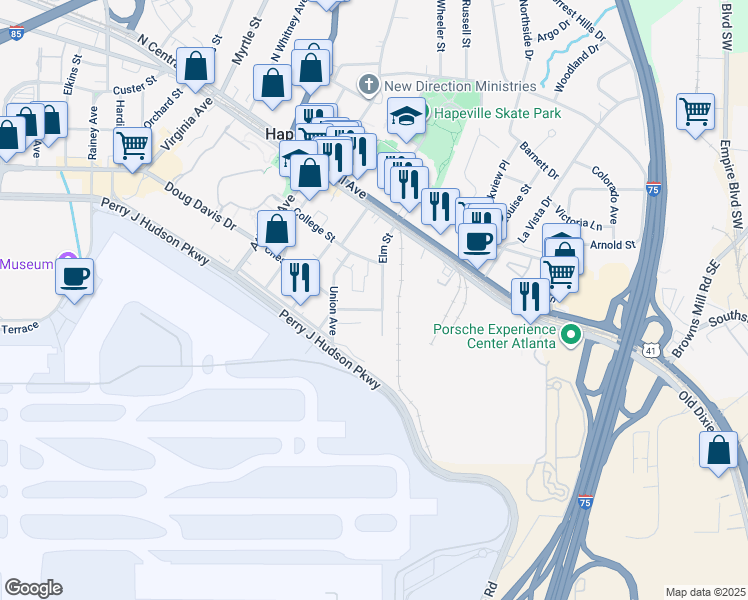 map of restaurants, bars, coffee shops, grocery stores, and more near 3668 Elm Street in Atlanta