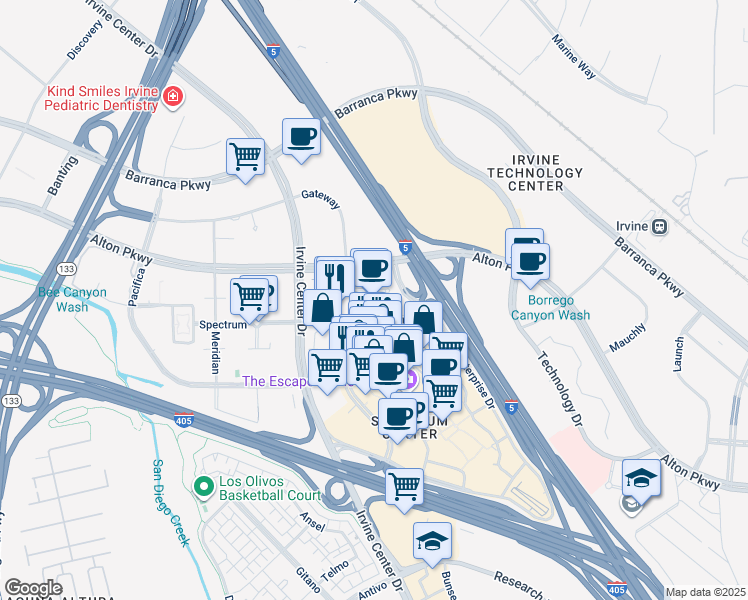 map of restaurants, bars, coffee shops, grocery stores, and more near 61 Fortune Drive in Irvine