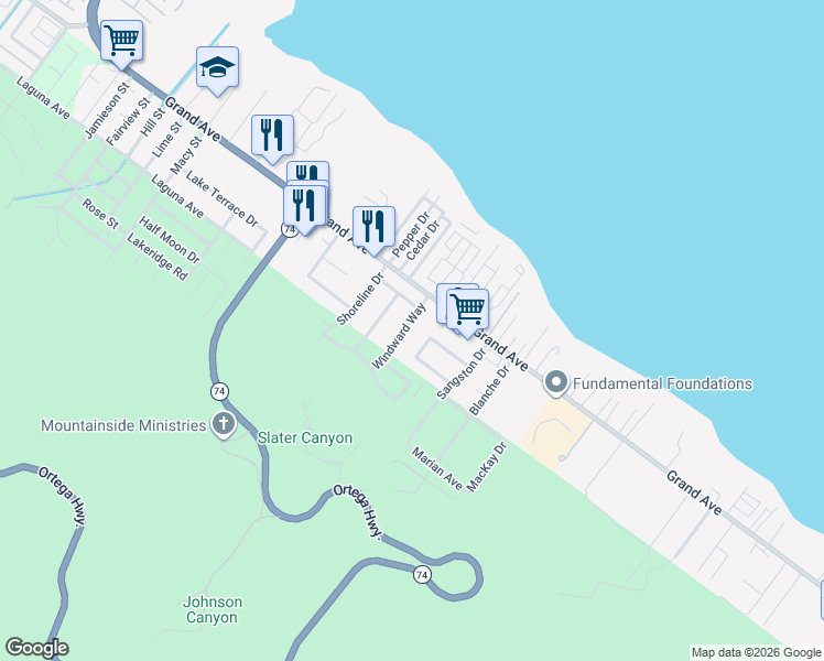 map of restaurants, bars, coffee shops, grocery stores, and more near 33134 Windward Way in Lake Elsinore