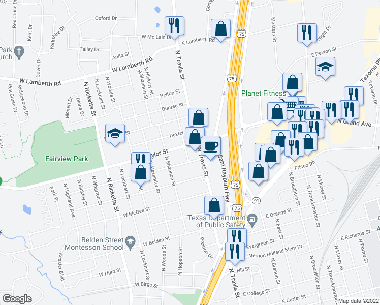 map of restaurants, bars, coffee shops, grocery stores, and more near 1813 North Crockett Street in Sherman