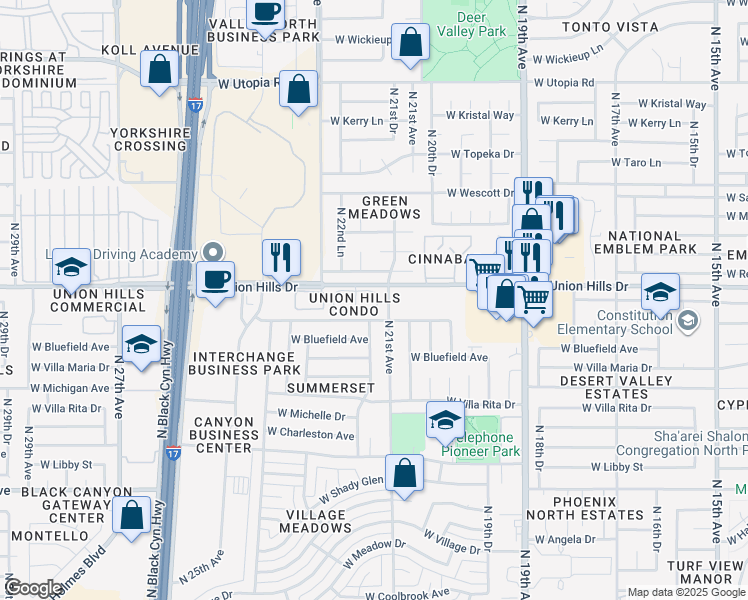 map of restaurants, bars, coffee shops, grocery stores, and more near 2039 West Union Hills Drive in Phoenix