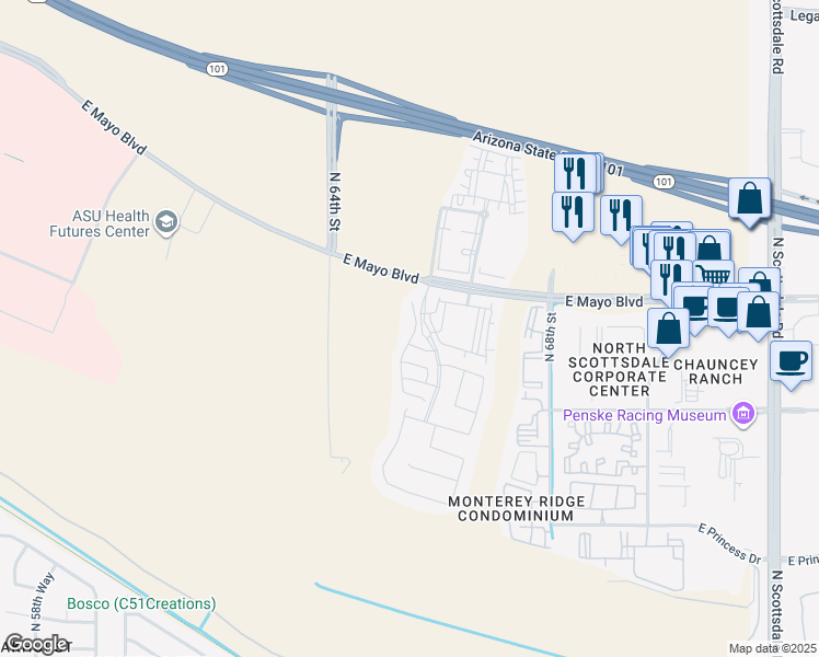map of restaurants, bars, coffee shops, grocery stores, and more near 6611 East Mayo Boulevard in Phoenix
