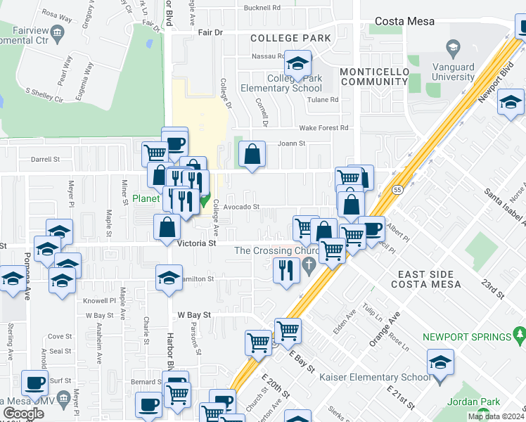 map of restaurants, bars, coffee shops, grocery stores, and more near 331 Avocado Street in Costa Mesa