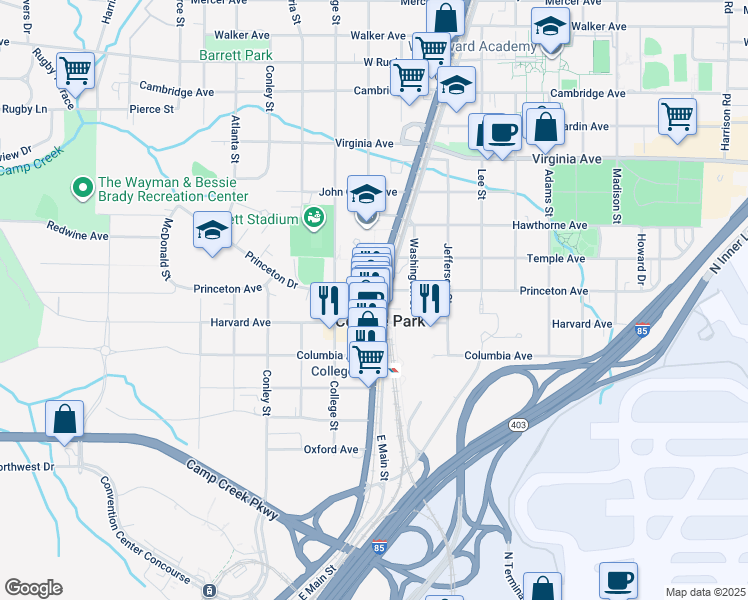 map of restaurants, bars, coffee shops, grocery stores, and more near in College Park