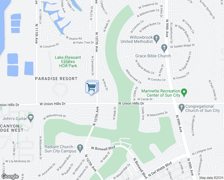 map of restaurants, bars, coffee shops, grocery stores, and more near 18626 North Welk Drive in Sun City