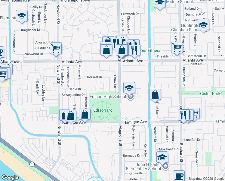 map of restaurants, bars, coffee shops, grocery stores, and more near 8921 Stilwell Drive in Huntington Beach