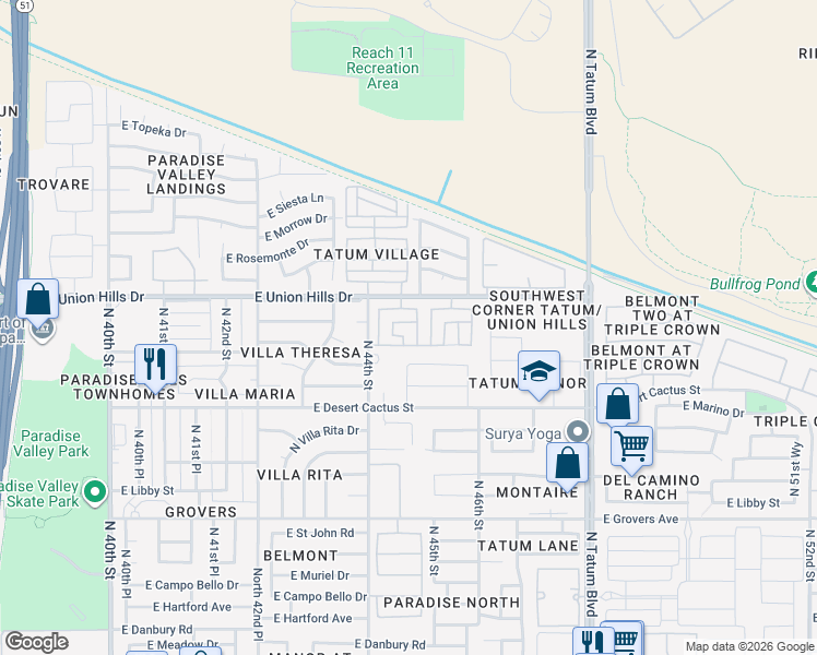 map of restaurants, bars, coffee shops, grocery stores, and more near 18415 North 45th Street in Phoenix