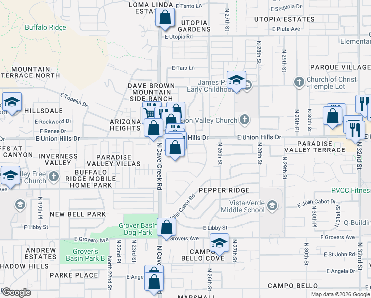 map of restaurants, bars, coffee shops, grocery stores, and more near 18418 North 25th Street in Phoenix