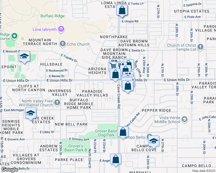 map of restaurants, bars, coffee shops, grocery stores, and more near 18416 North Cave Creek Road in Phoenix