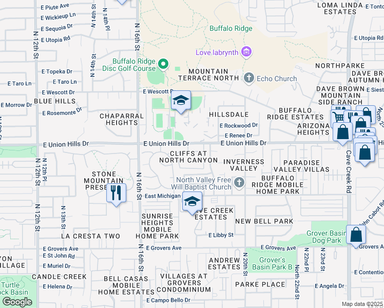 map of restaurants, bars, coffee shops, grocery stores, and more near 1717 East Union Hills Drive in Phoenix