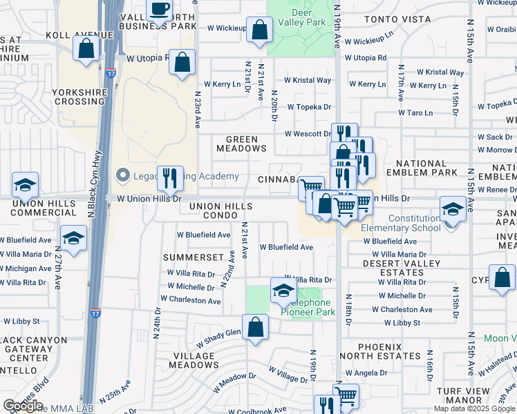 map of restaurants, bars, coffee shops, grocery stores, and more near 2039 West Union Hills Drive in Phoenix