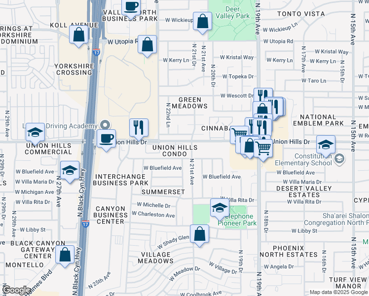 map of restaurants, bars, coffee shops, grocery stores, and more near 2039 West Union Hills Drive in Phoenix
