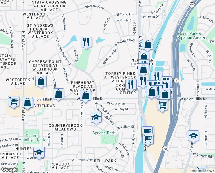 map of restaurants, bars, coffee shops, grocery stores, and more near 8462 West Rose Pilar Court in Peoria